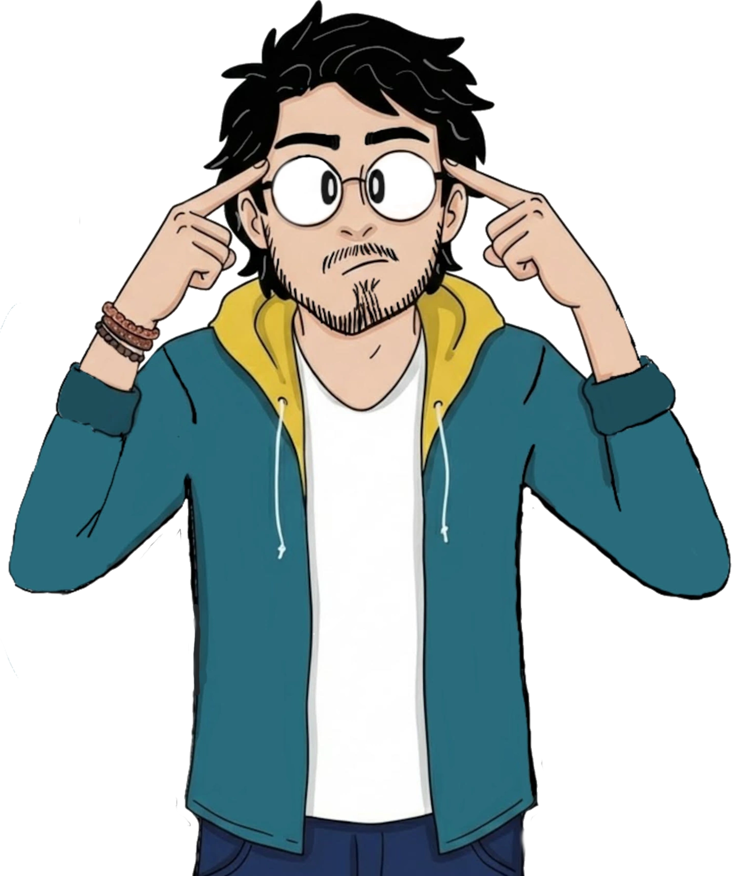 Mathieu dessiné, la main en visière, qui scrute le formulaire.